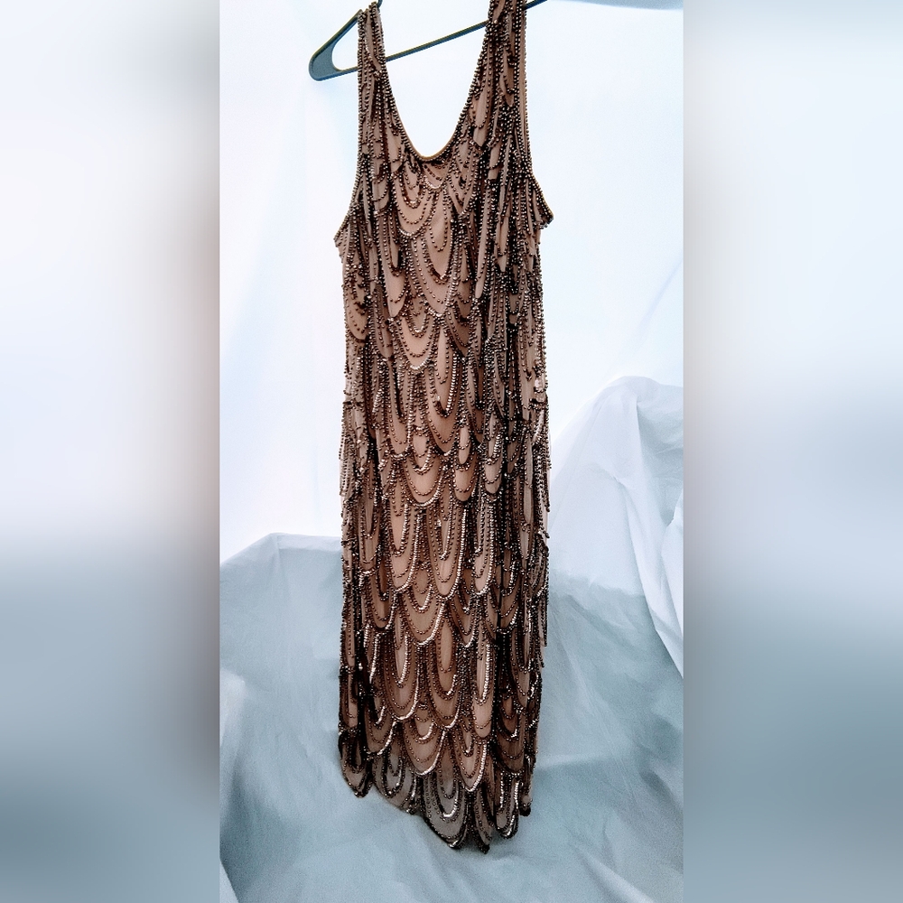 Chic Beaded Tan Midi Dress